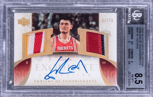 2005-06 UD "Exquisite Collection" Emblems of Endorsements #EMYM Yao Ming Signed Game Used Patch Card (#11/15) - BGS NM-MT+ 8.5/BGS 10